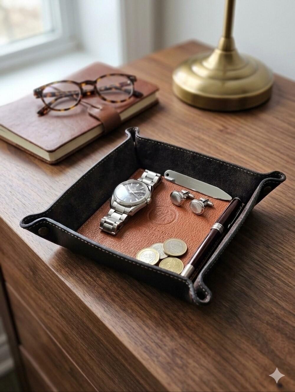 Leather Valet Tray Jewelry Keys Organizer Handmade in Italy Chestnut Brown NWT